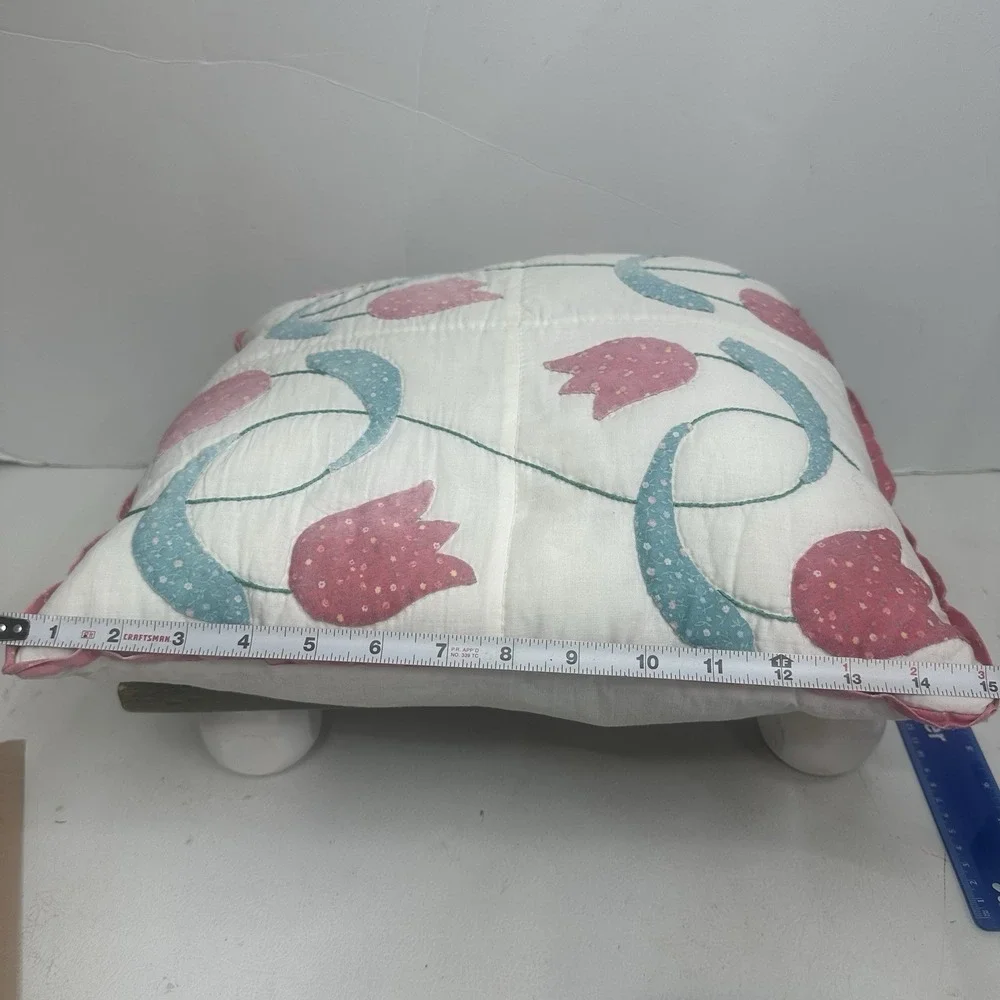 Vintage Tulip Quilt Block Handmade Pillow Pink White Green 15x15x4